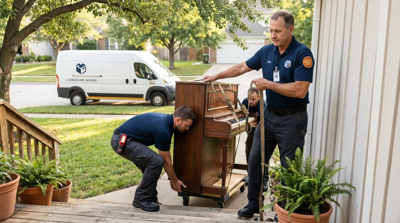 Licensed piano movers securing grand piano in Providence, UT