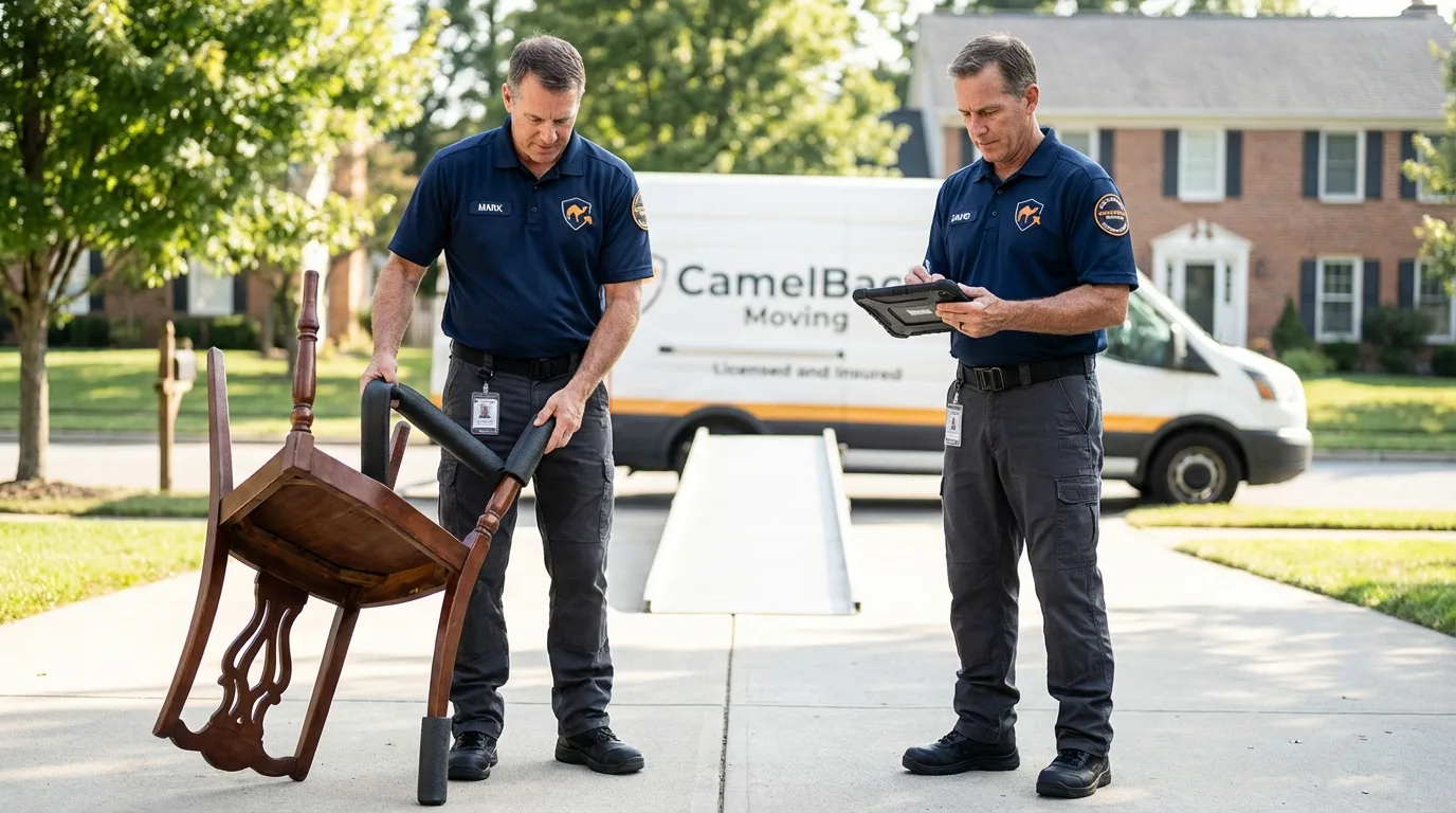 Movers inspecting furniture for damage prevention before loading in Providence, UT