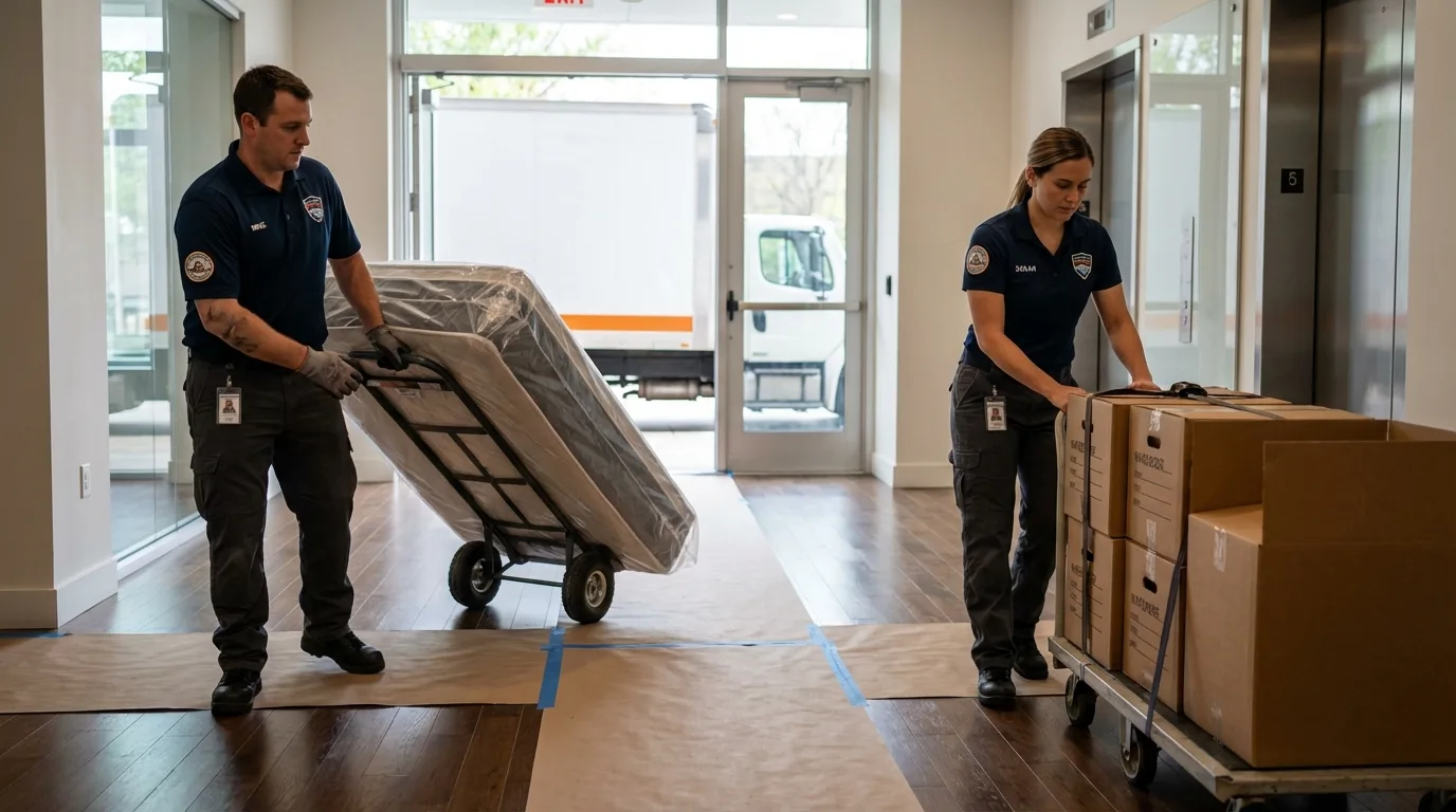 Professional apartment movers loading elevator in Providence, UT