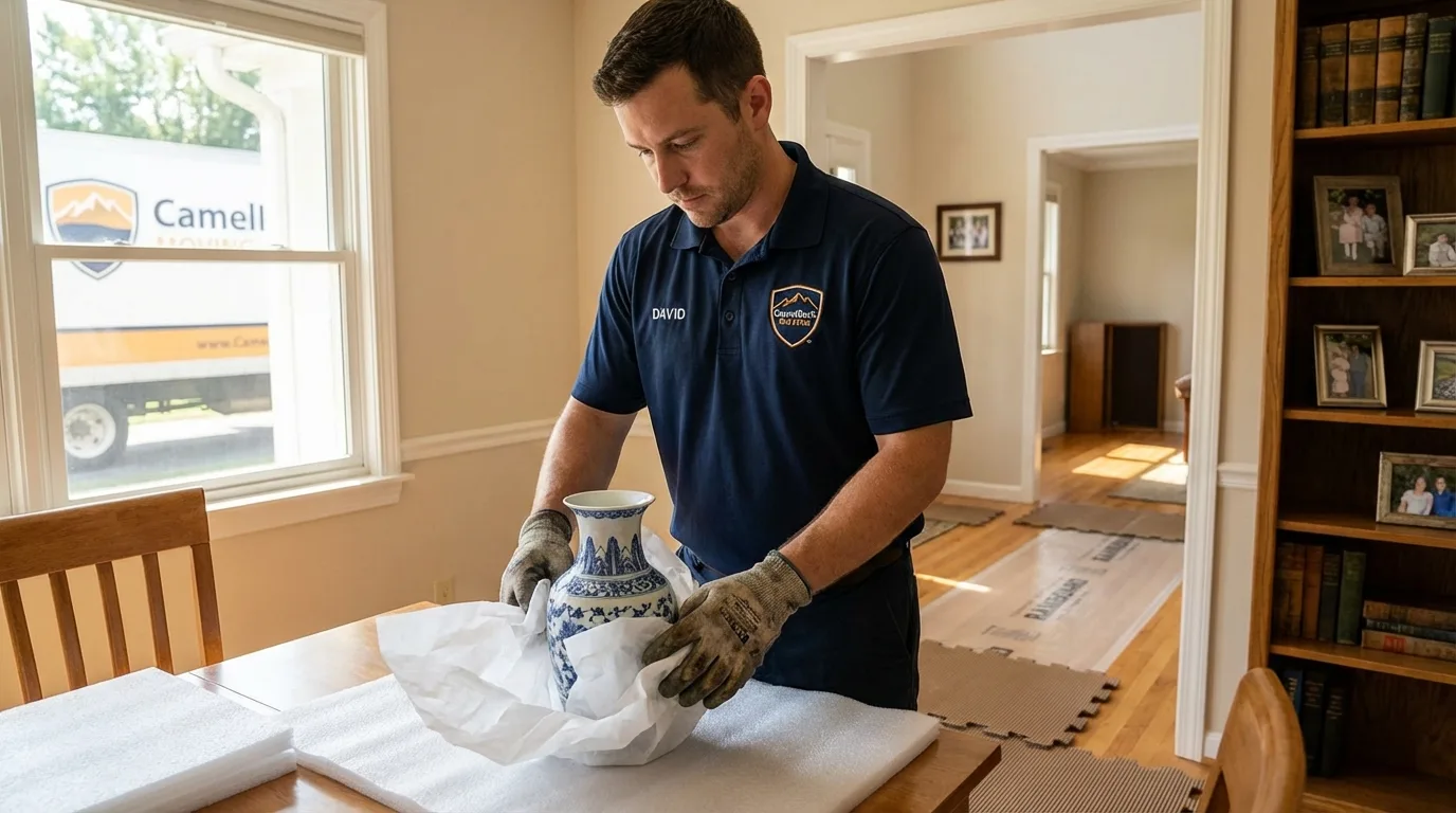 Professional crew carefully wrapping antique vase for senior downsizing move in Providence, UT
